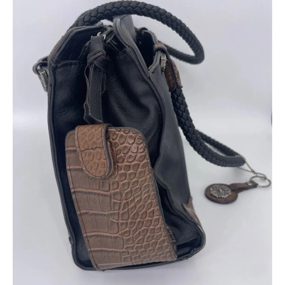 Bueno Black Croc Embossed Faux Leather Shoulder Bag Braid Handle Mixed Media